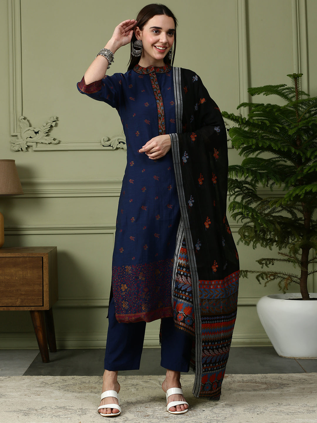 Shingora Navy Blue Floral Woven Design Mandarin Collar Stitched Suit Set
