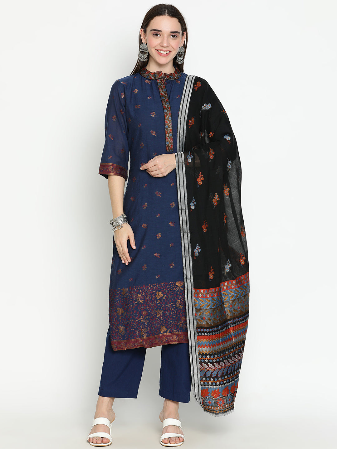 Shingora Navy Blue Floral Woven Design Mandarin Collar Stitched Suit Set