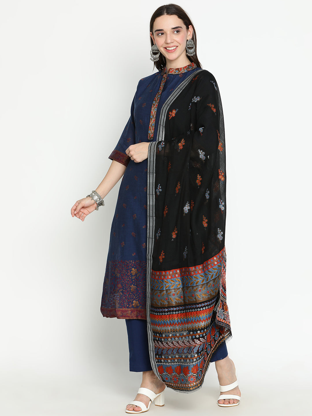 Shingora Navy Blue Floral Woven Design Mandarin Collar Stitched Suit Set
