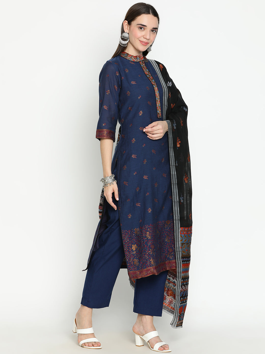 Shingora Navy Blue Floral Woven Design Mandarin Collar Stitched Suit Set