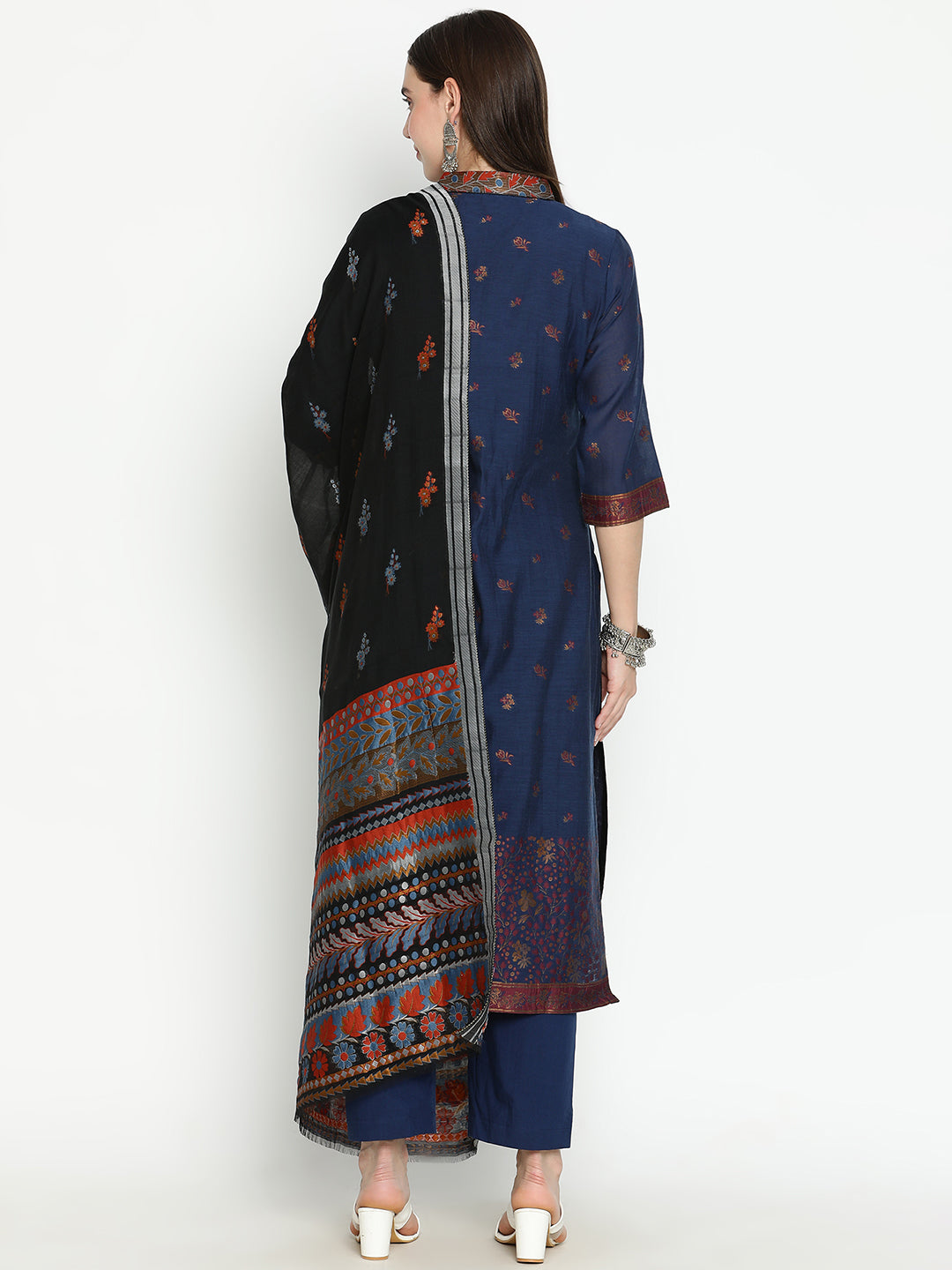 Shingora Navy Blue Floral Woven Design Mandarin Collar Stitched Suit Set