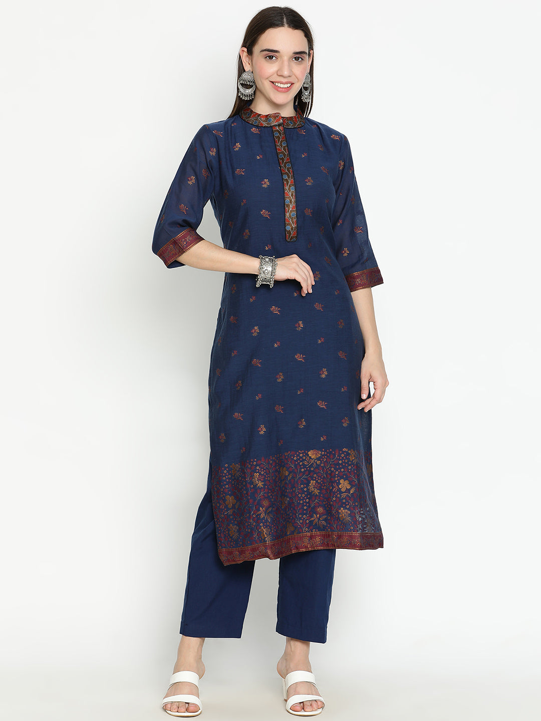 Shingora Navy Blue Floral Woven Design Mandarin Collar Stitched Suit Set