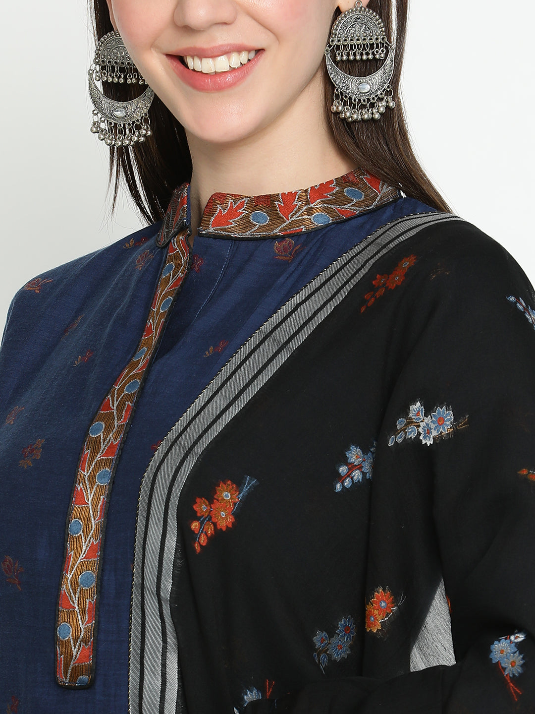 Shingora Navy Blue Floral Woven Design Mandarin Collar Stitched Suit Set