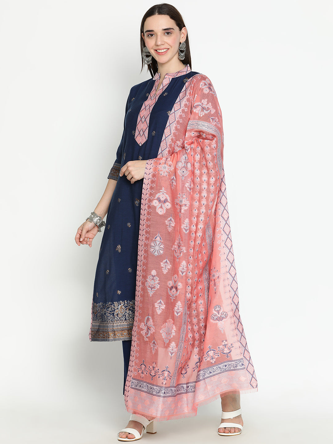 Shingora Navy Blue Ethnic Motifs Woven Design Mandarin Collar Stitched Suit Set