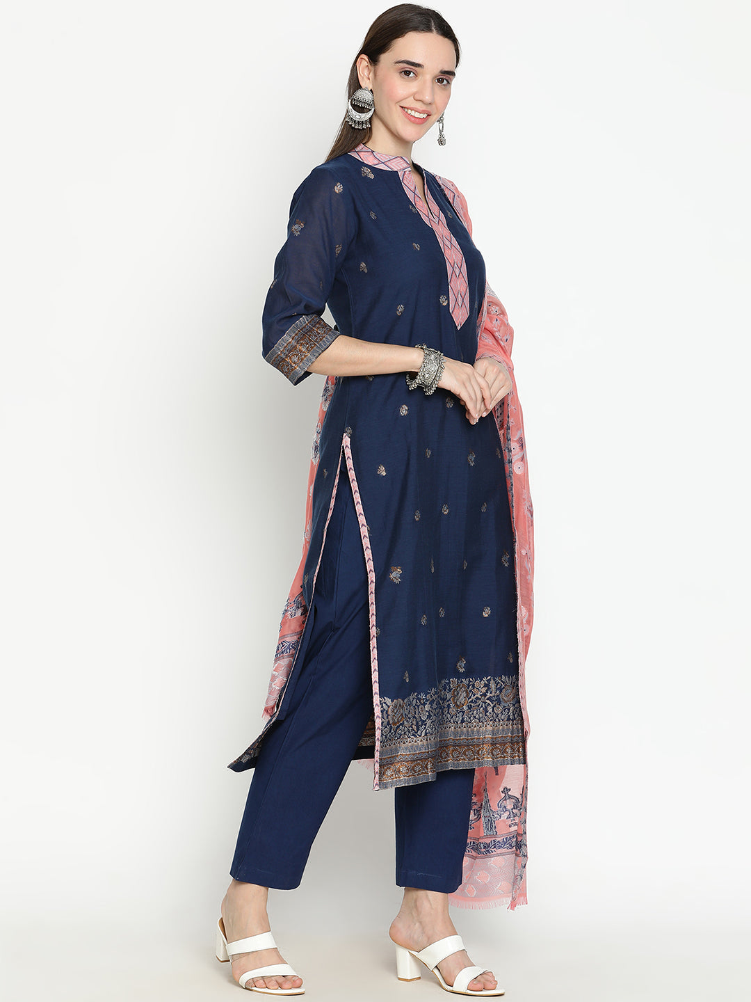 Shingora Navy Blue Ethnic Motifs Woven Design Mandarin Collar Stitched Suit Set