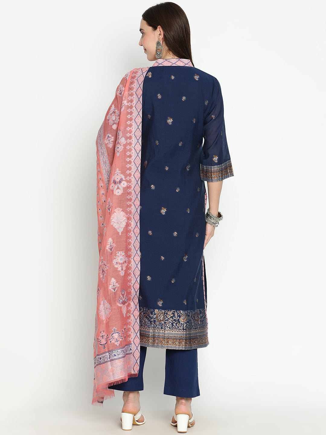 Shingora Navy Blue Ethnic Motifs Woven Design Mandarin Collar Stitched Suit Set