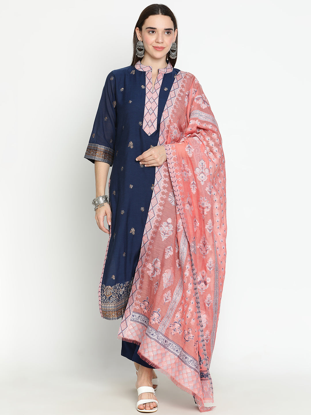 Shingora Navy Blue Ethnic Motifs Woven Design Mandarin Collar Stitched Suit Set