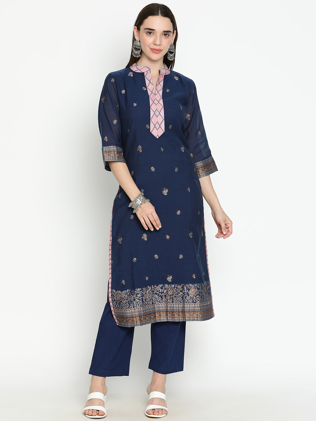 Shingora Navy Blue Ethnic Motifs Woven Design Mandarin Collar Stitched Suit Set