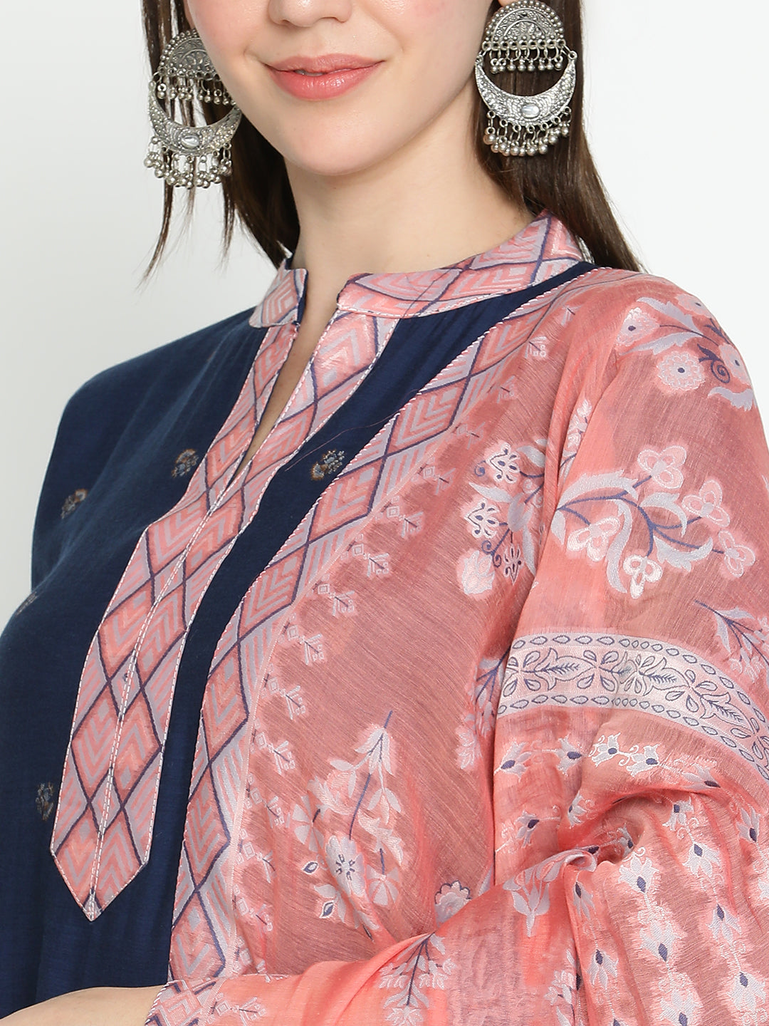 Shingora Navy Blue Ethnic Motifs Woven Design Mandarin Collar Stitched Suit Set