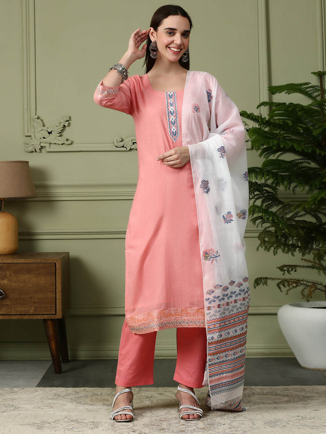 Shingora Pink Floral Yoke Design Stitched Suit Set