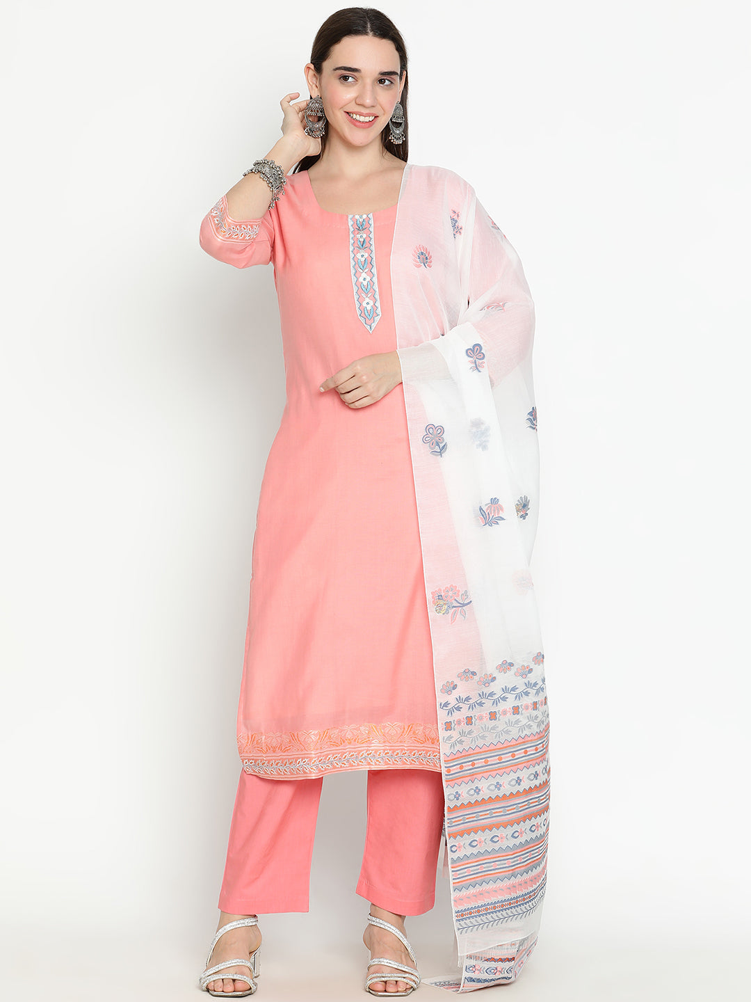 Shingora Pink Floral Yoke Design Stitched Suit Set