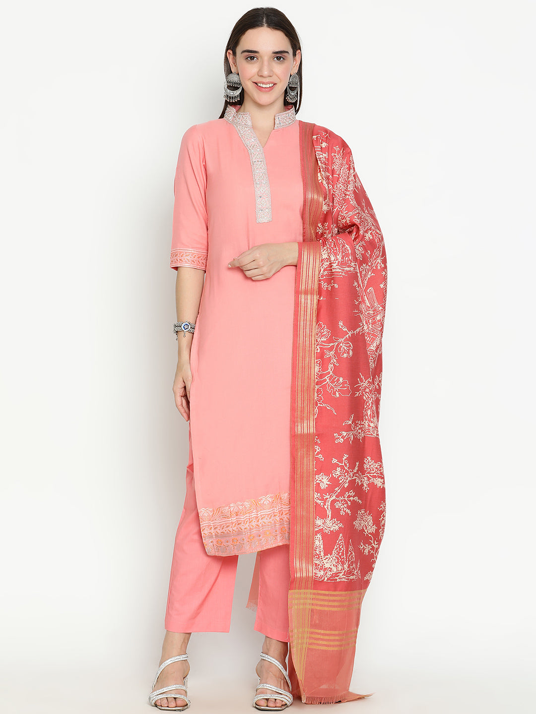 Shingora Pink Mandarin Collar Zari Stitched Suit Set