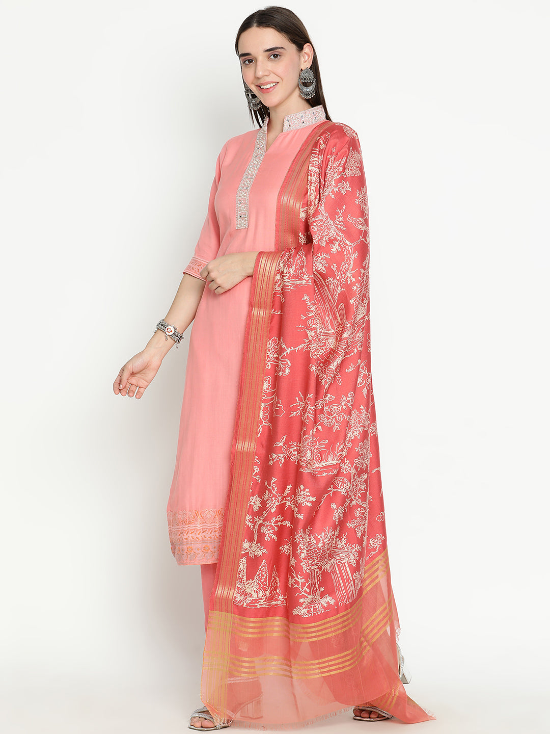 Shingora Pink Mandarin Collar Zari Stitched Suit Set