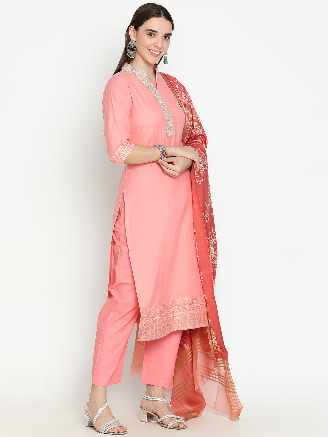 Shingora Pink Mandarin Collar Zari Stitched Suit Set