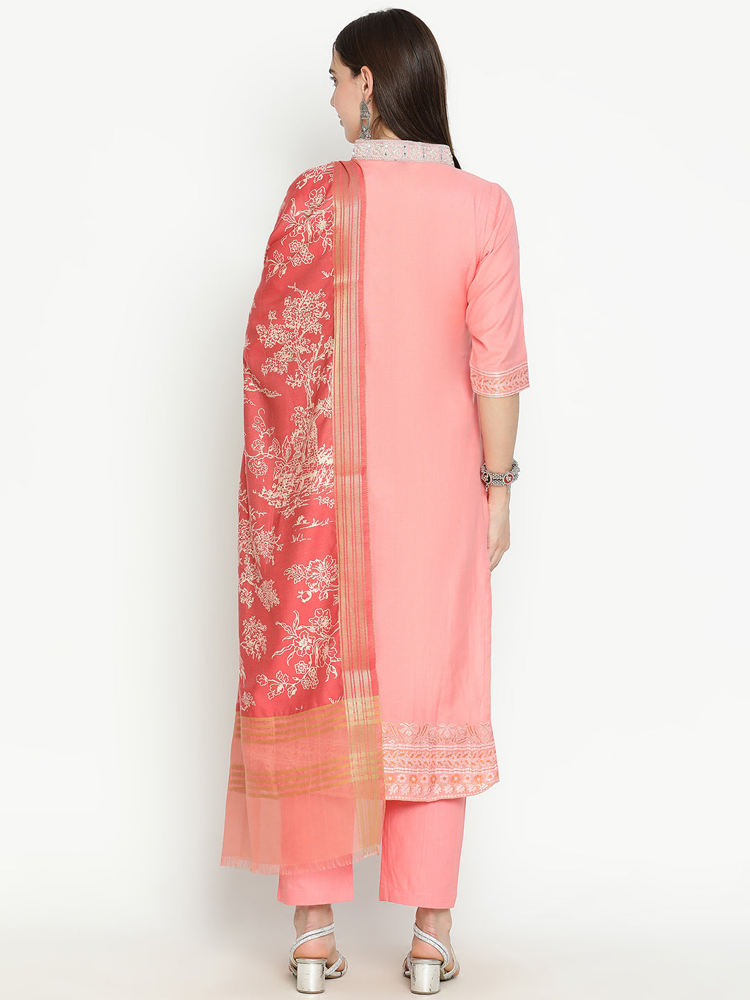 Shingora Pink Mandarin Collar Zari Stitched Suit Set