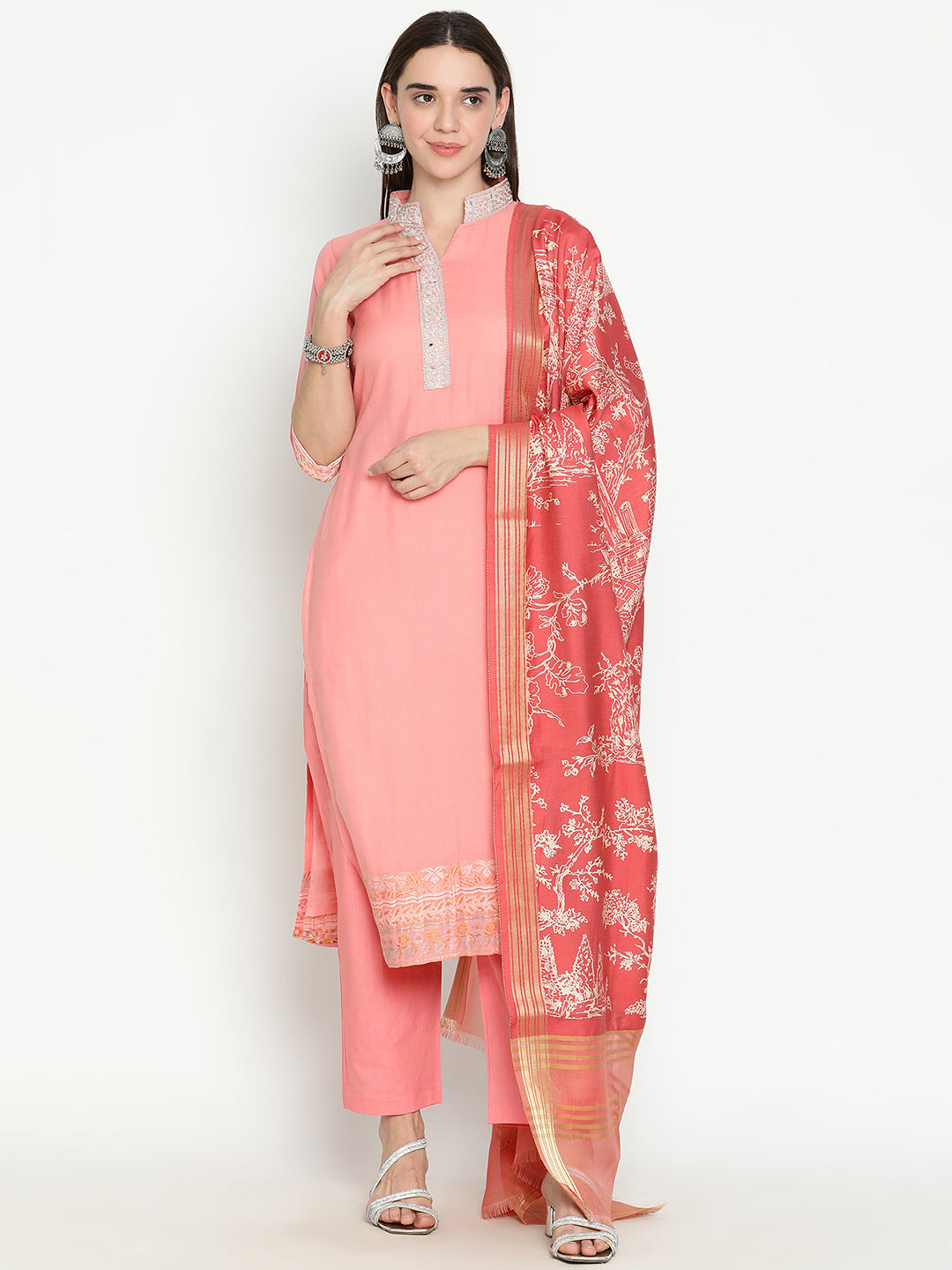 Shingora Pink Mandarin Collar Zari Stitched Suit Set