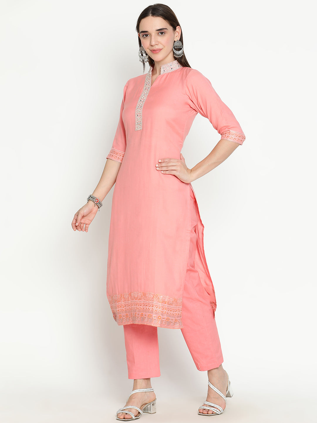 Shingora Pink Mandarin Collar Zari Stitched Suit Set