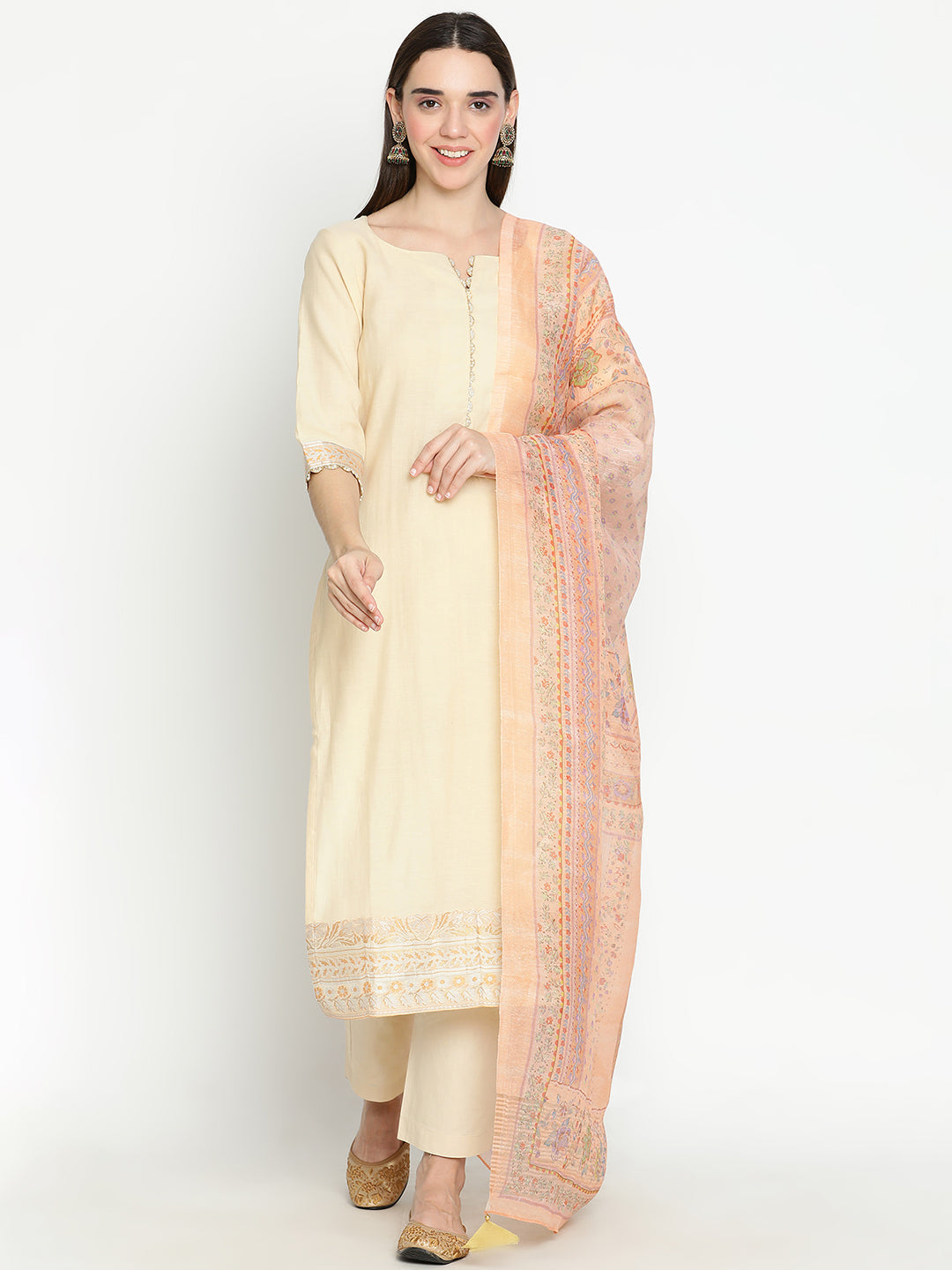 Shingora Yellow Self Design Beads and Stones Notch Neck Stitched Suit Set