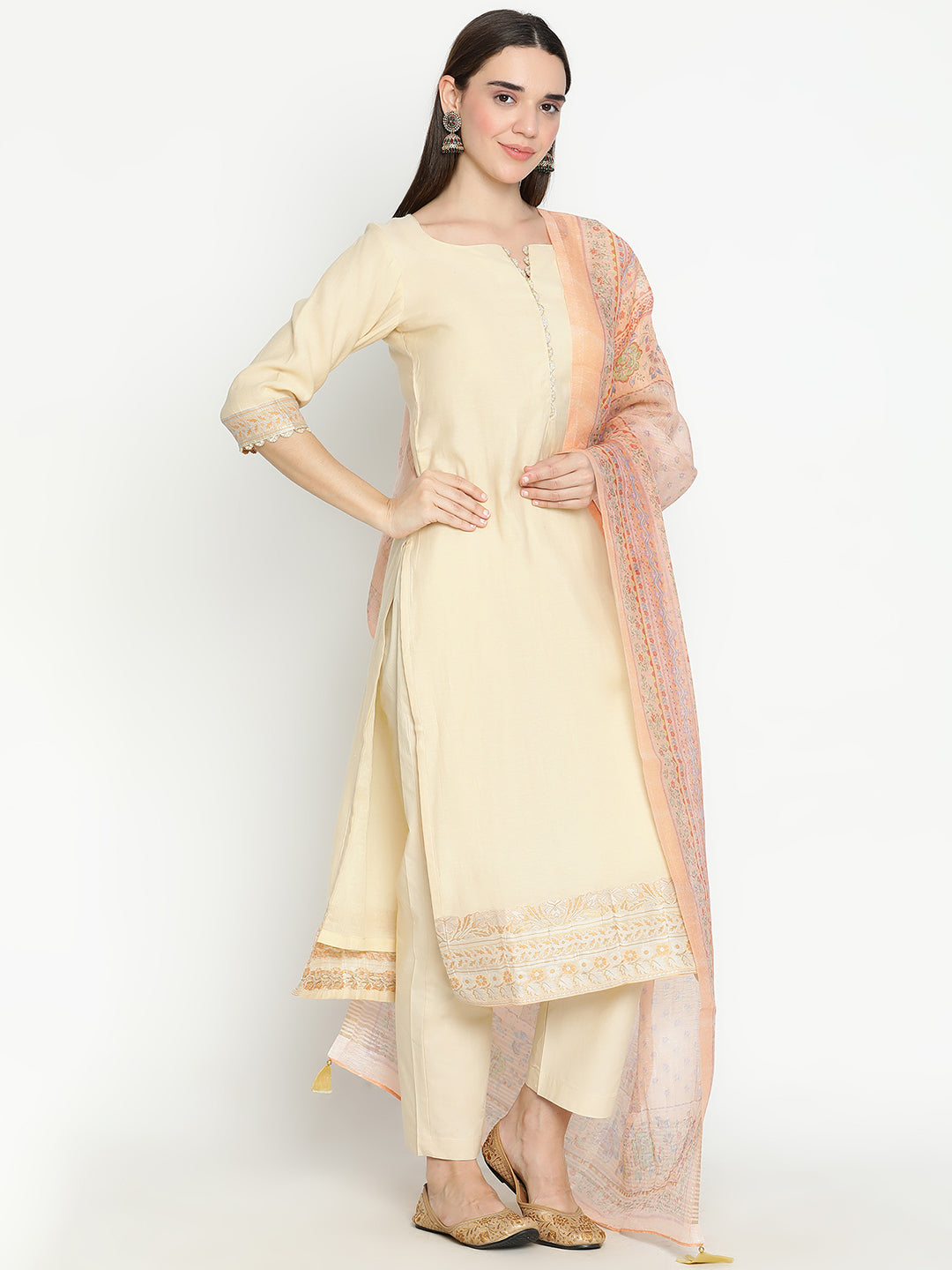 Shingora Yellow Self Design Beads and Stones Notch Neck Stitched Suit Set