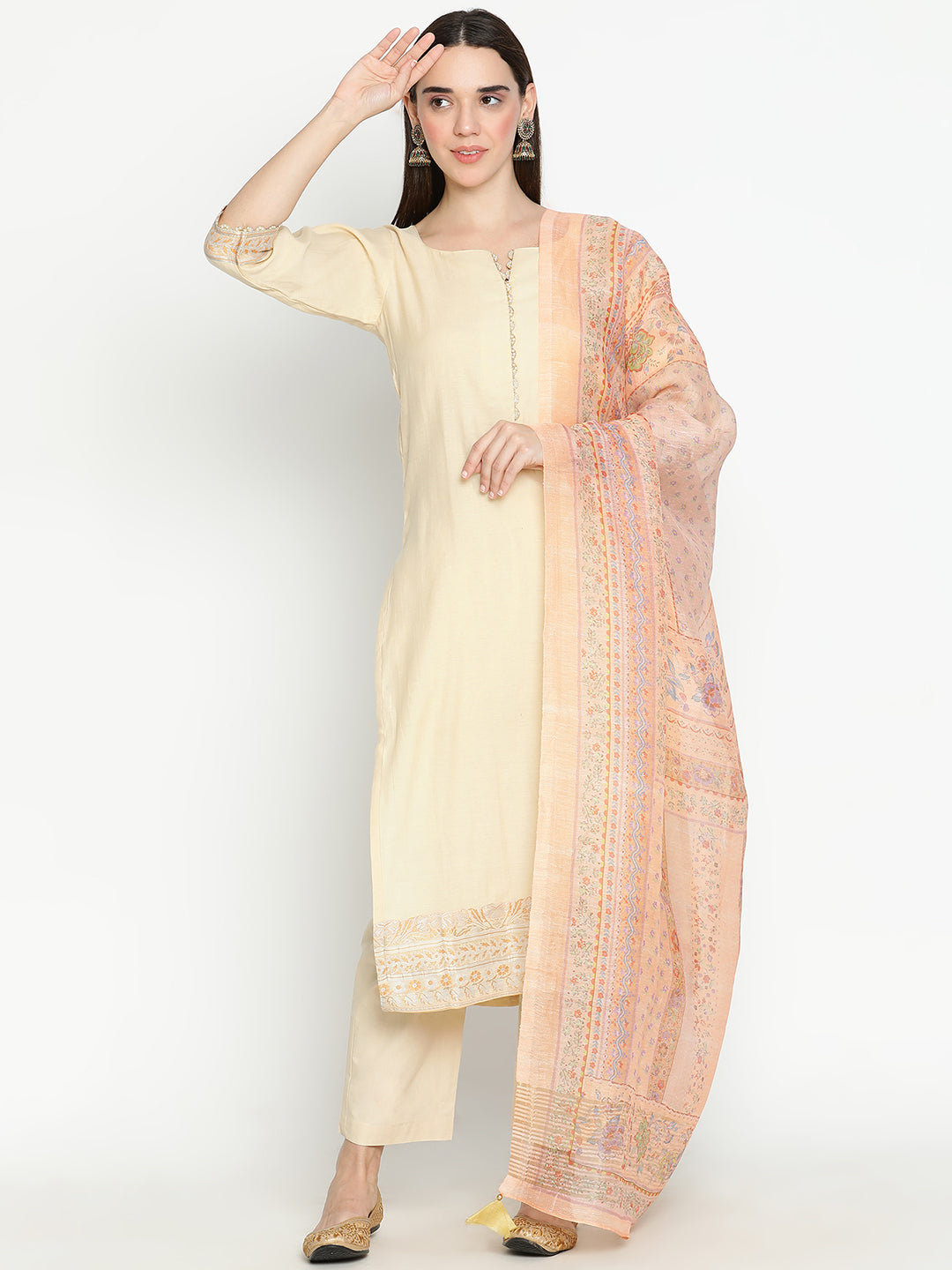 Shingora Yellow Self Design Beads and Stones Notch Neck Stitched Suit Set
