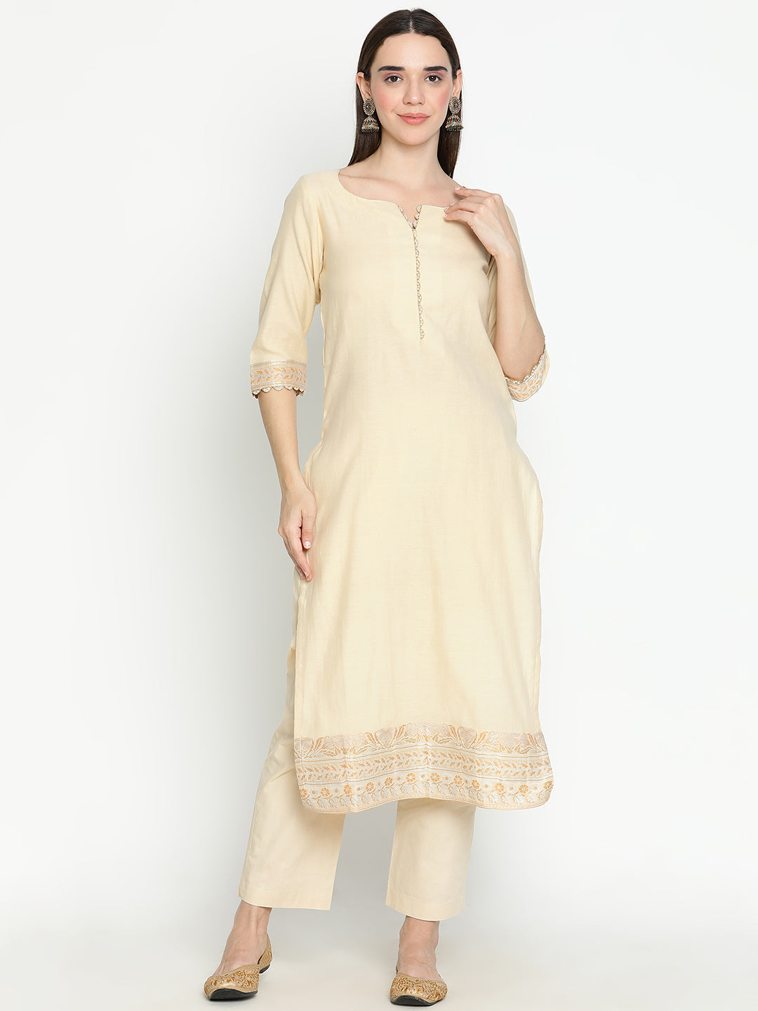 Shingora Yellow Self Design Beads and Stones Notch Neck Stitched Suit Set