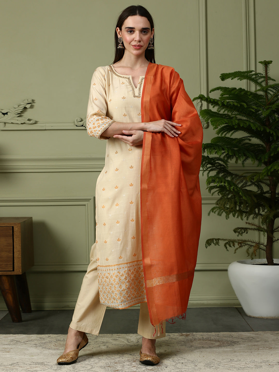 Shingora Yellow Floral Embroidered Zari Stitched Suit Set