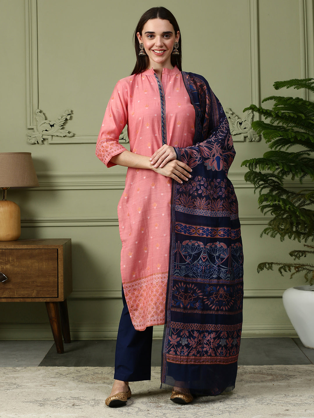 Shingora Pink Mandarin Collar Stitched Suit Set