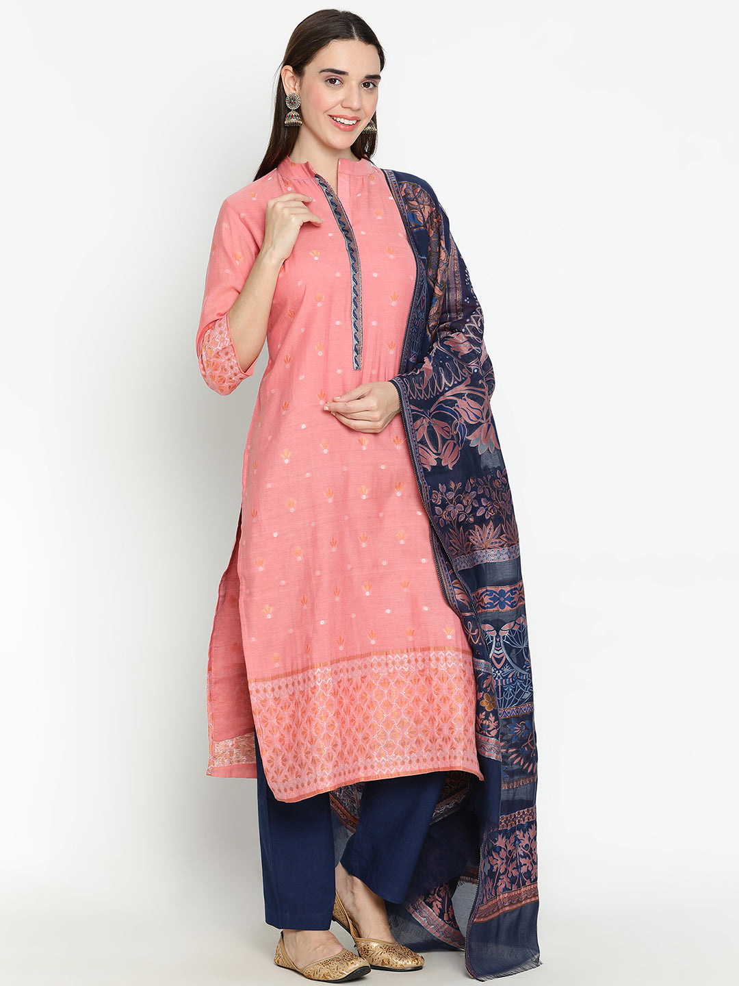Shingora Pink Mandarin Collar Stitched Suit Set