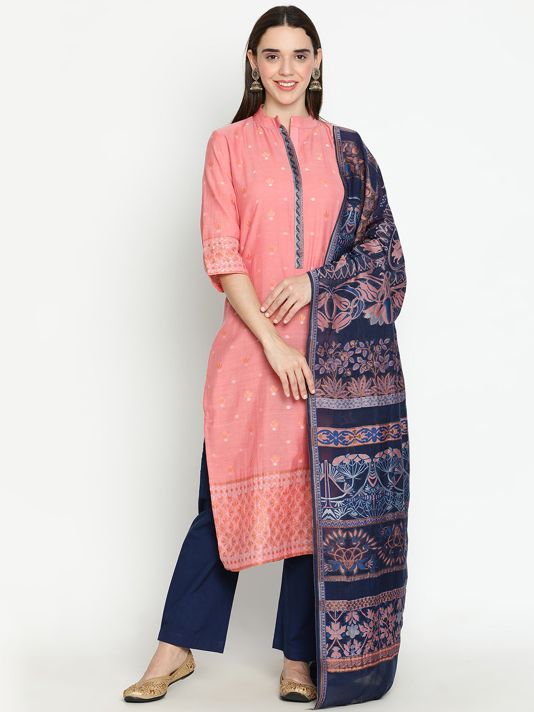 Shingora Pink Mandarin Collar Stitched Suit Set
