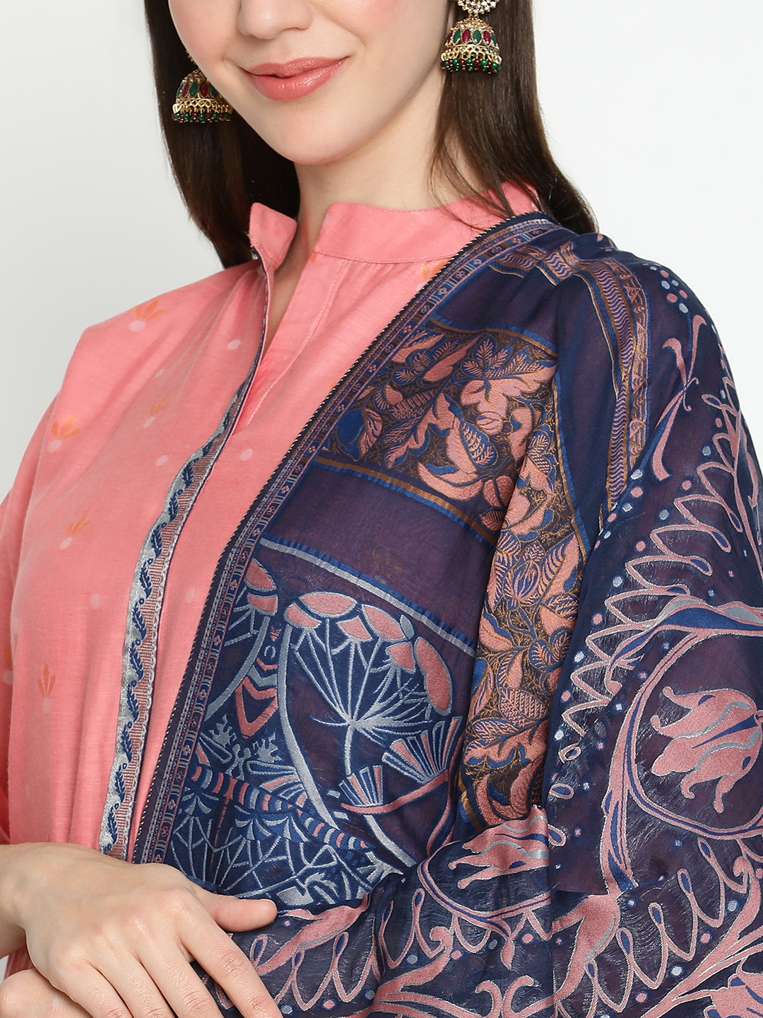 Shingora Pink Mandarin Collar Stitched Suit Set