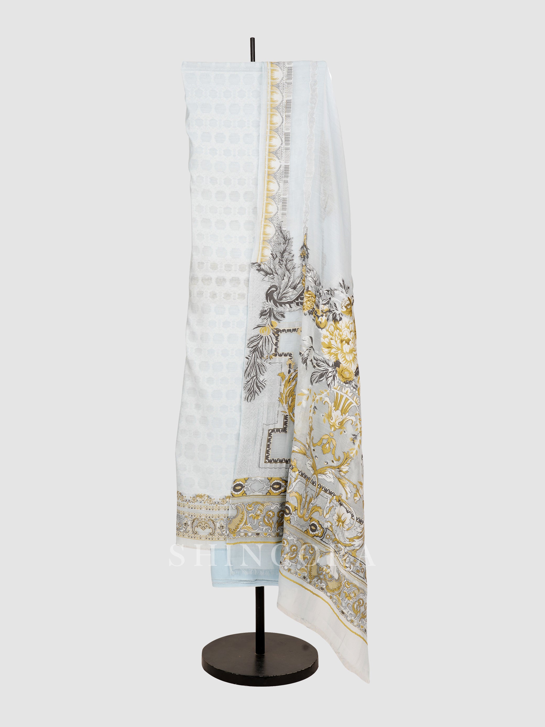 Kanchi: Pastel Rose Jacquard Karni Unstitched Tulip-Print Suit & Dupatta