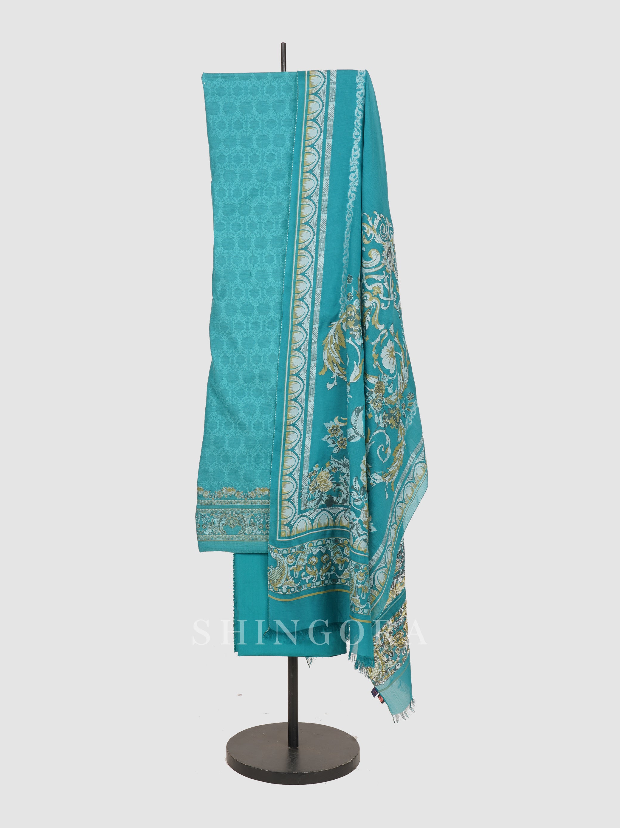 Kanchi: Pastel Rose Jacquard Karni Unstitched Tulip-Print Suit & Dupatta