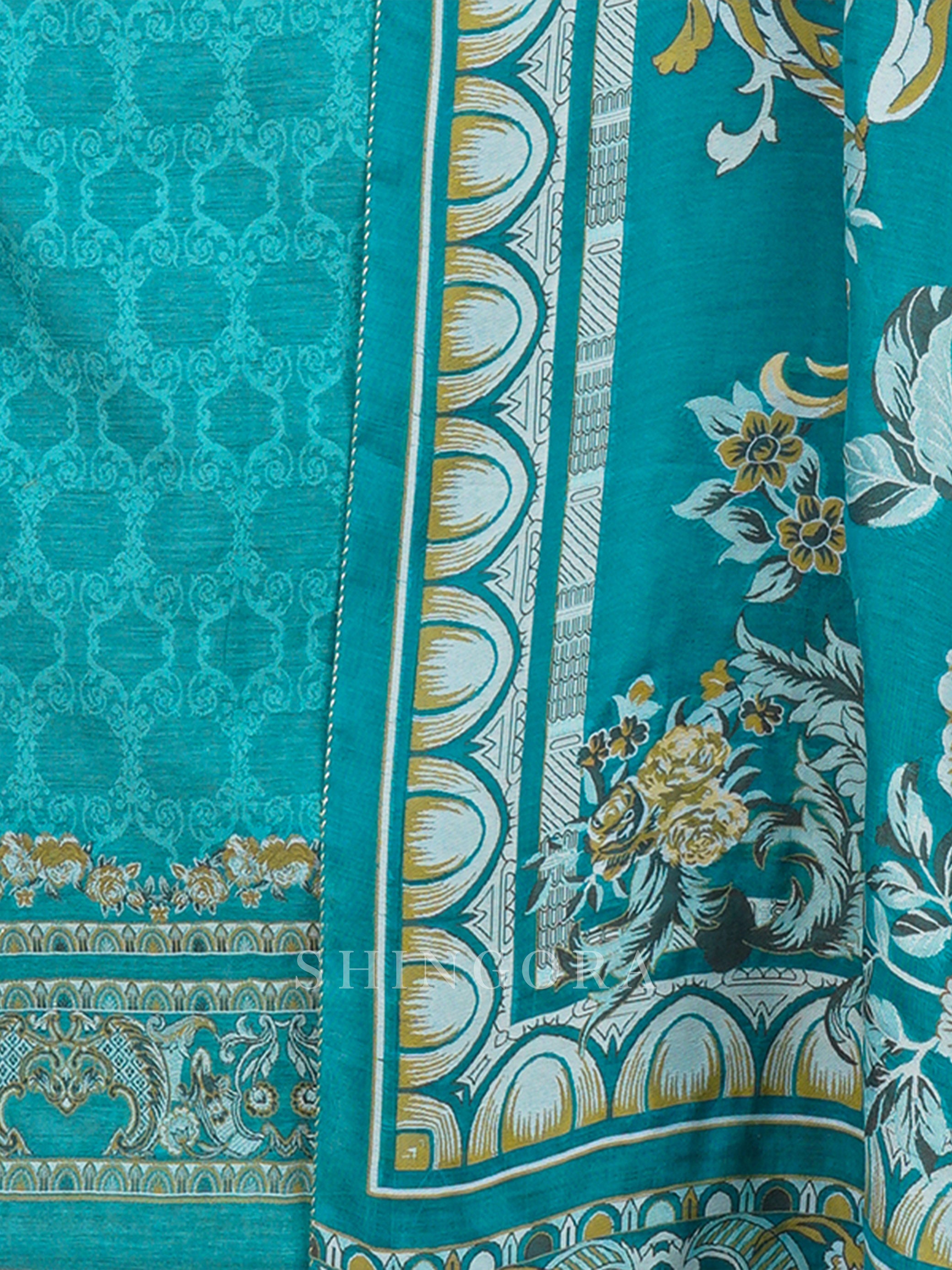 Kanchi: Pastel Rose Jacquard Karni Unstitched Tulip-Print Suit & Dupatta