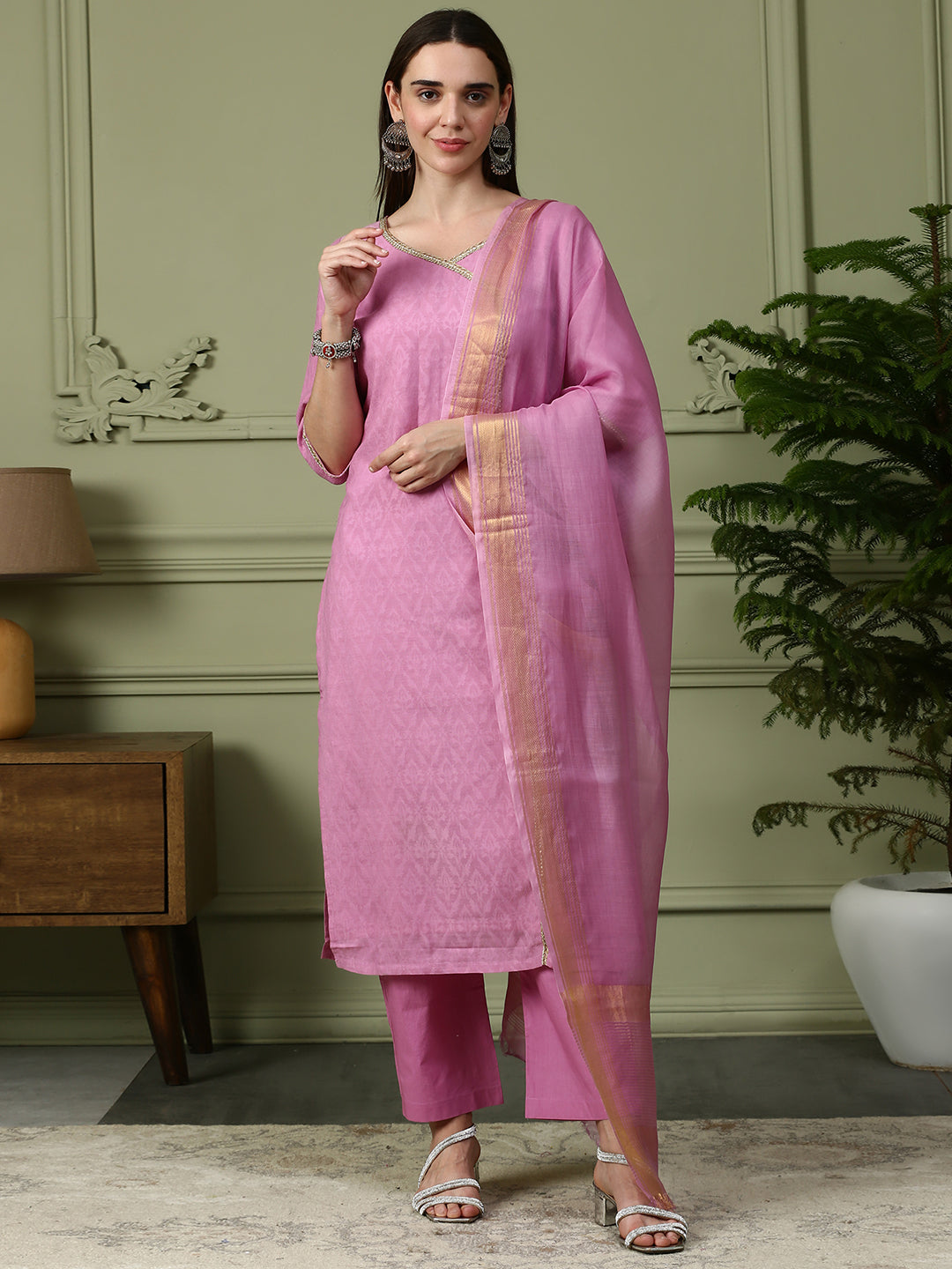 Shingora Mauve Woven Design V-Neck Sequinned Stitched Suit Set