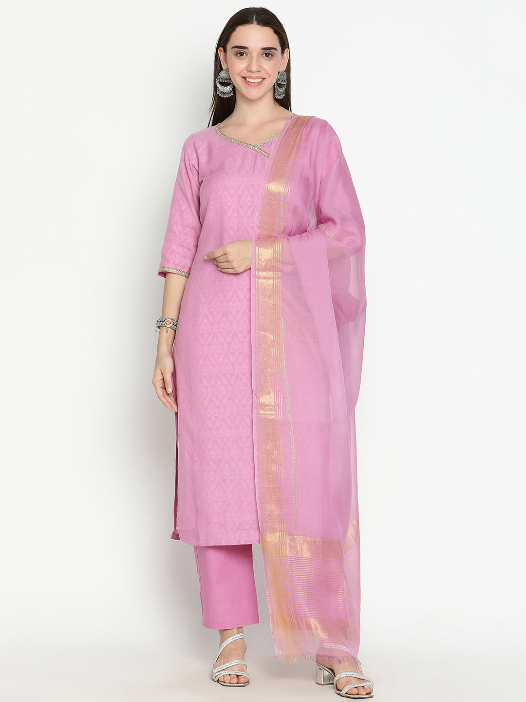 Shingora Mauve Woven Design V-Neck Sequinned Stitched Suit Set