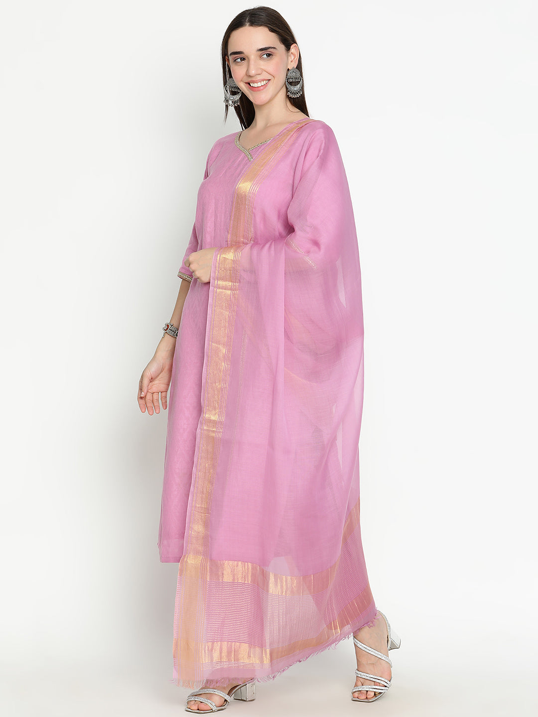Shingora Mauve Woven Design V-Neck Sequinned Stitched Suit Set