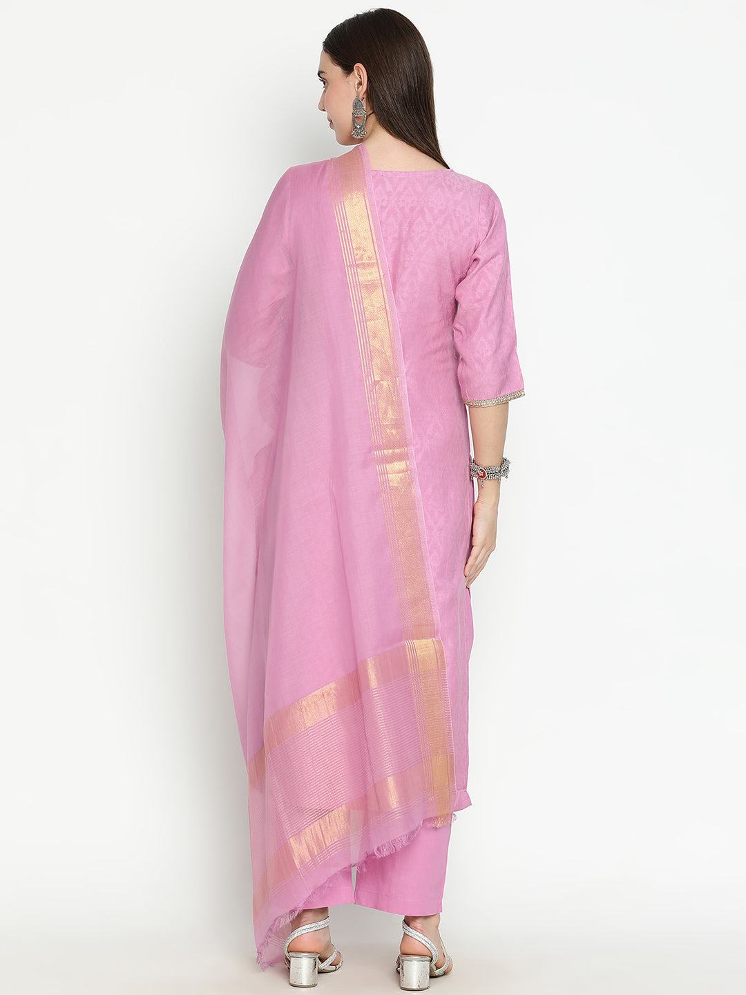Shingora Mauve Woven Design V-Neck Sequinned Stitched Suit Set