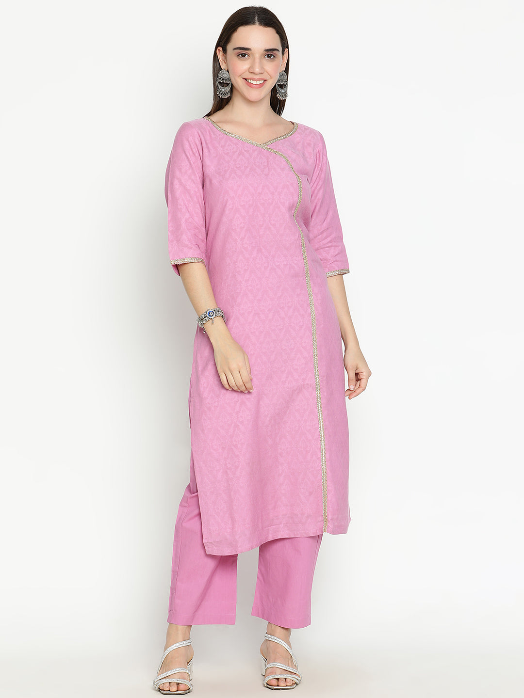 Shingora Mauve Woven Design V-Neck Sequinned Stitched Suit Set