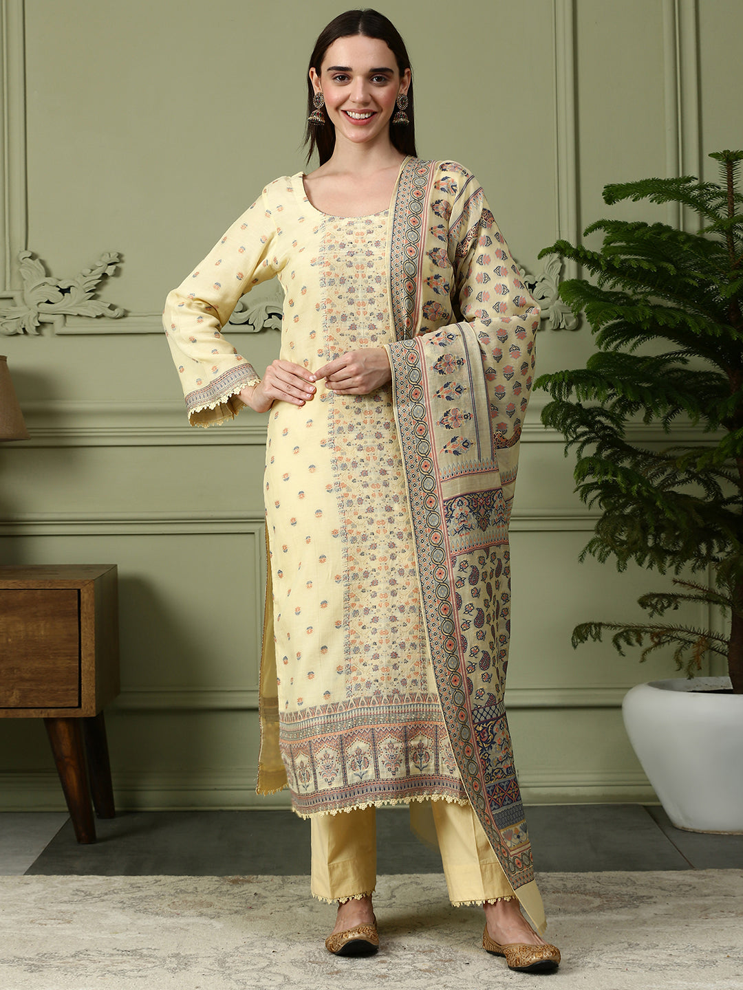 Shingora Yellow Woven Design Round Neck Stitched Suit Set