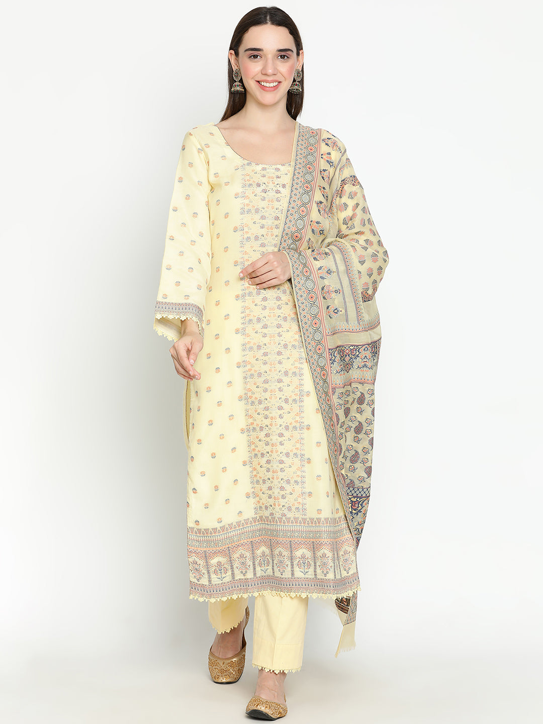 Shingora Yellow Woven Design Round Neck Stitched Suit Set