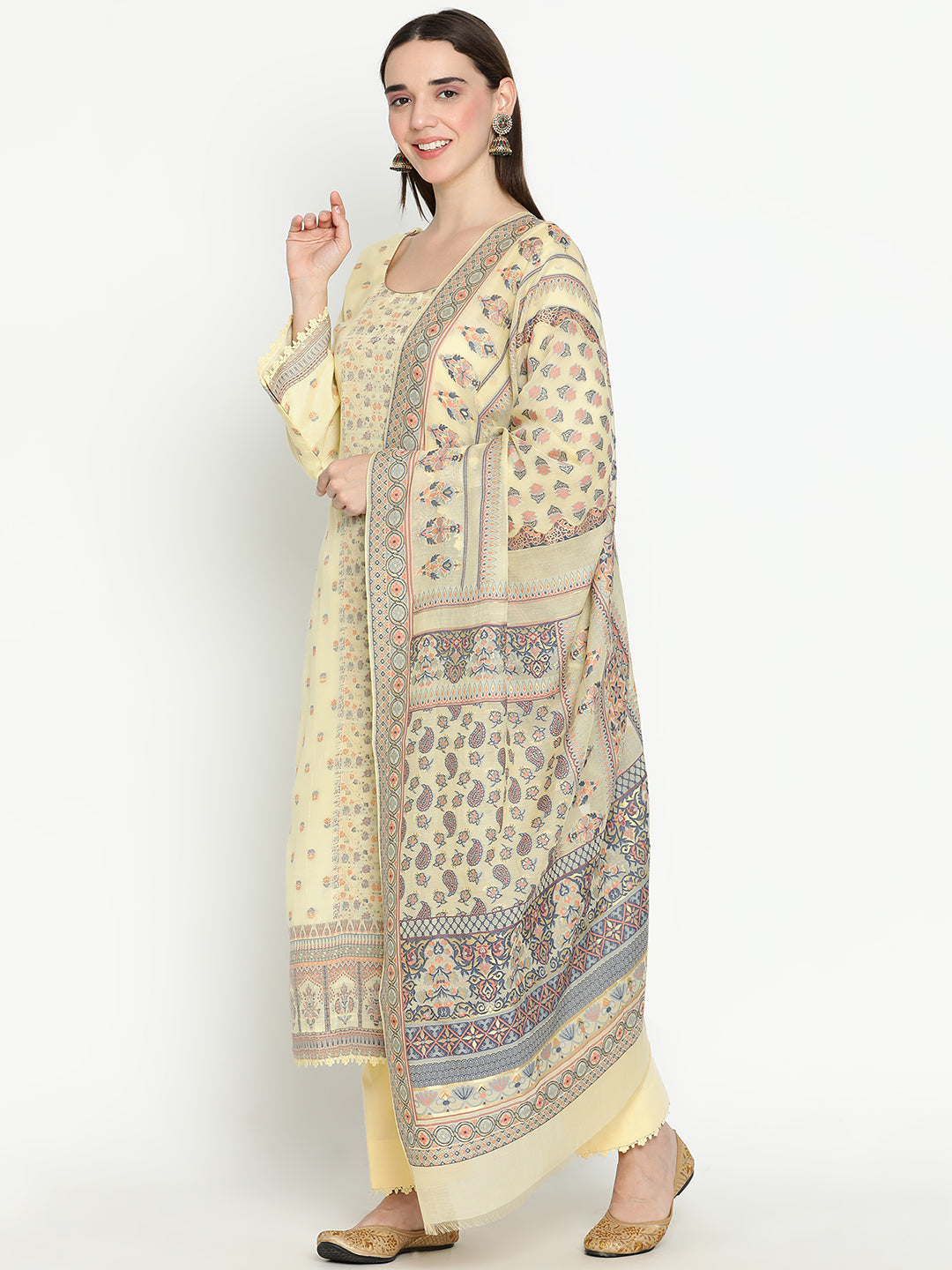 Shingora Yellow Woven Design Round Neck Stitched Suit Set