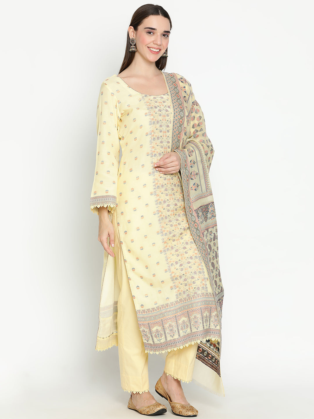 Shingora Yellow Woven Design Round Neck Stitched Suit Set