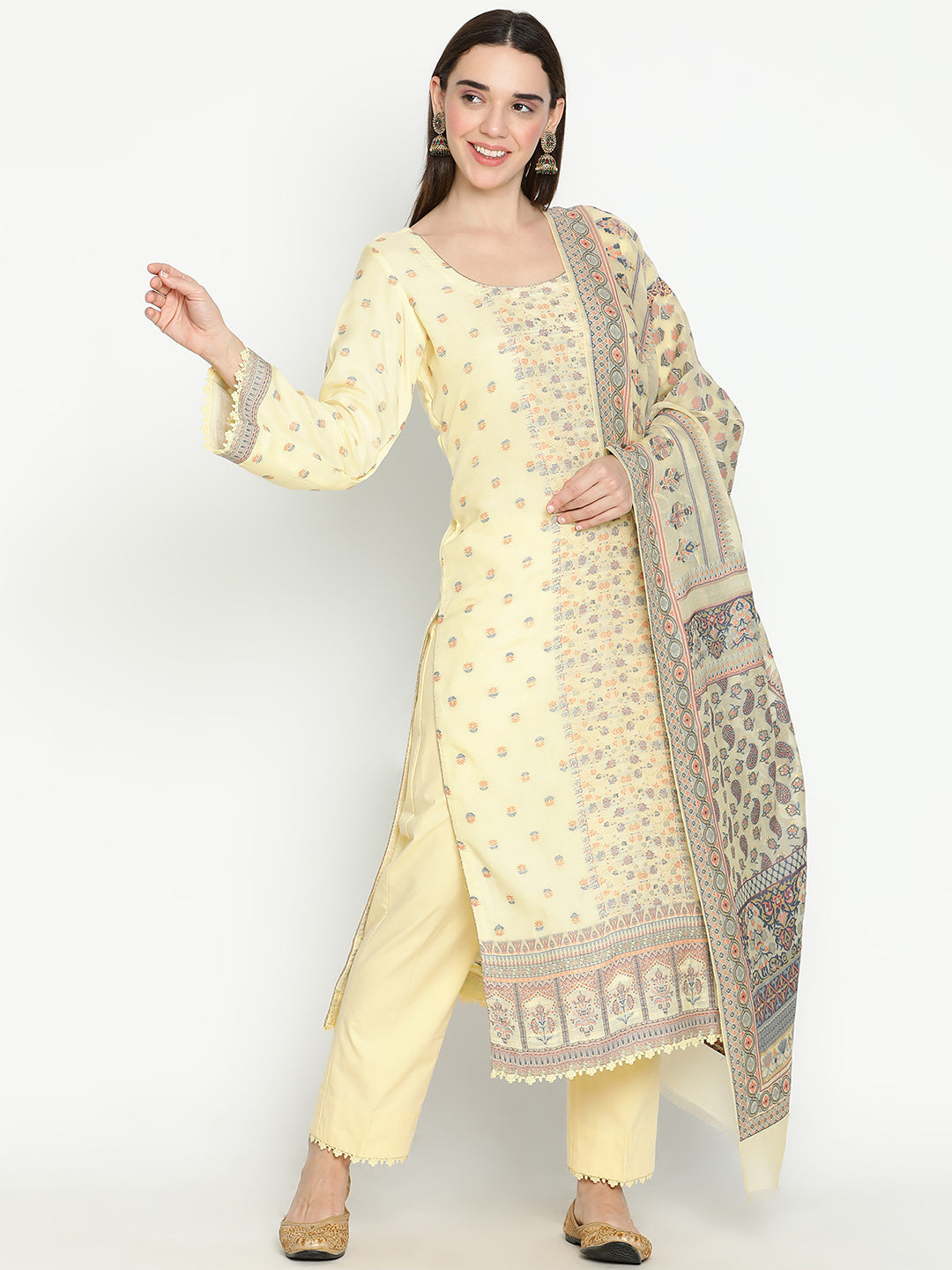 Shingora Yellow Woven Design Round Neck Stitched Suit Set