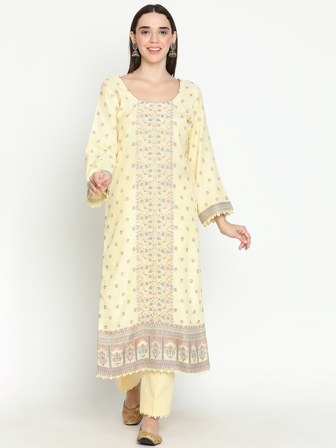 Shingora Yellow Woven Design Round Neck Stitched Suit Set