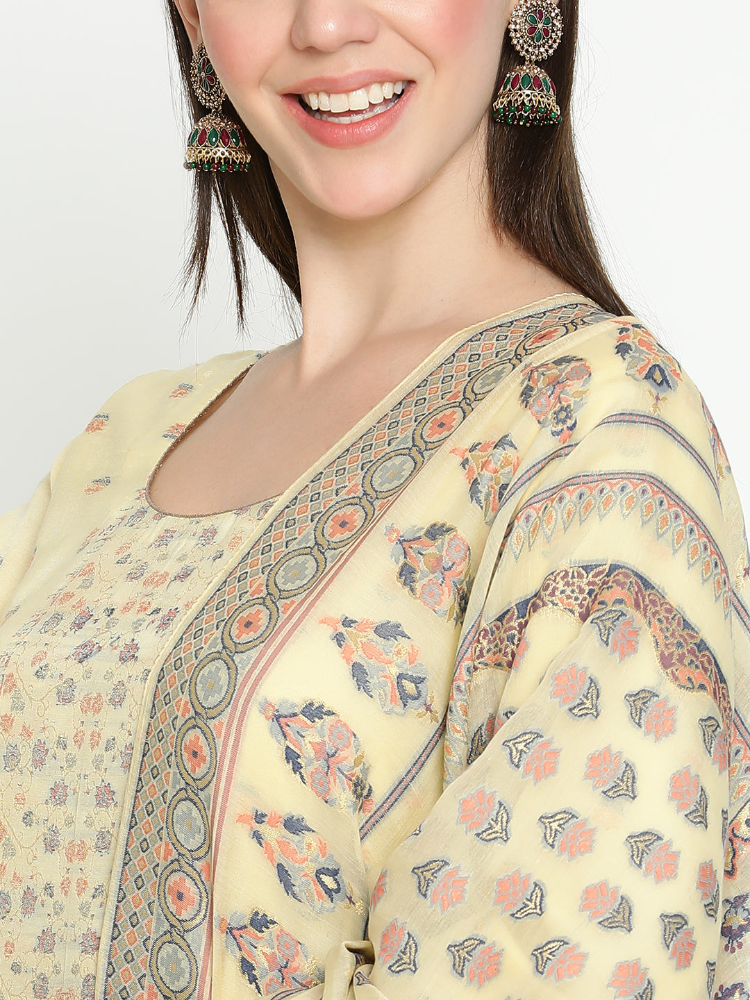 Shingora Yellow Woven Design Round Neck Stitched Suit Set