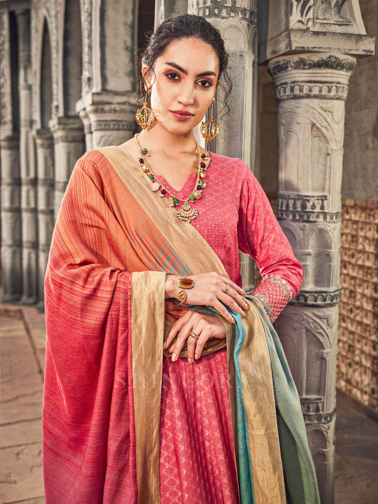 Akaar: Coral Jacquard Embroidered Stitched Suit & Dupatta Set