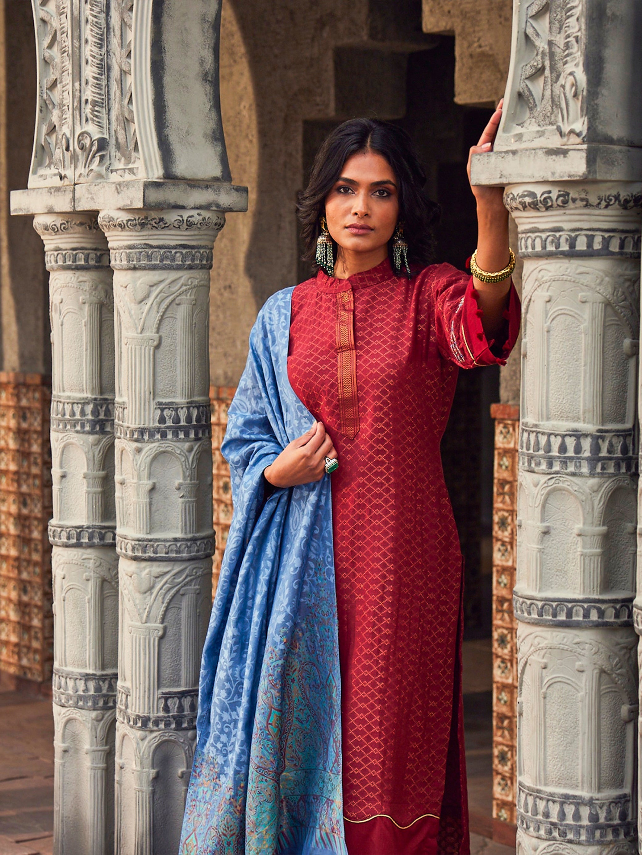 Kashika: Scarlet Red Jacquard Metallic Embroidered Unstitched Suit & Dupatta