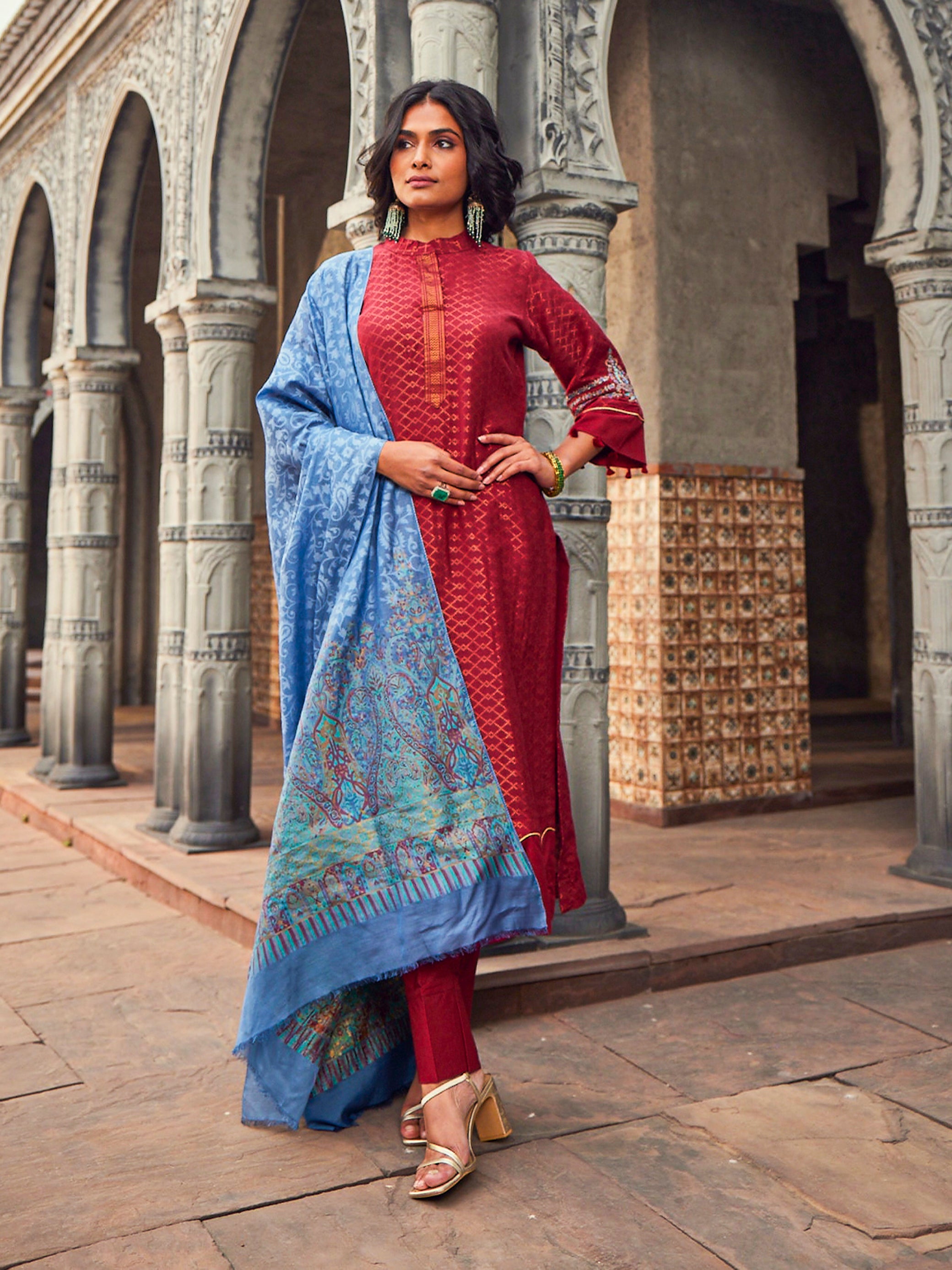 Kashika: Scarlet Red Jacquard Metallic Embroidered Unstitched Suit & Dupatta