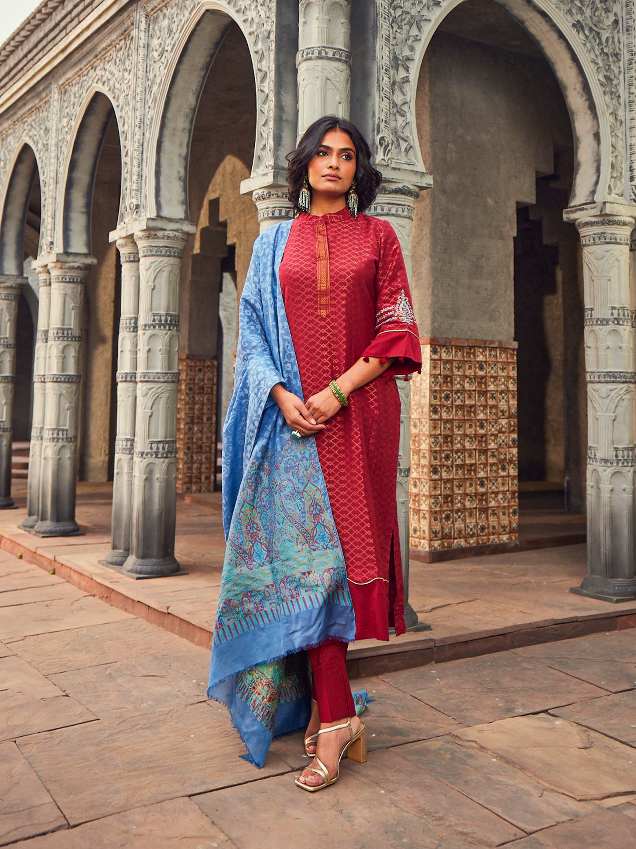 Kashika: Scarlet Red Jacquard Metallic Embroidered Unstitched Suit & Dupatta