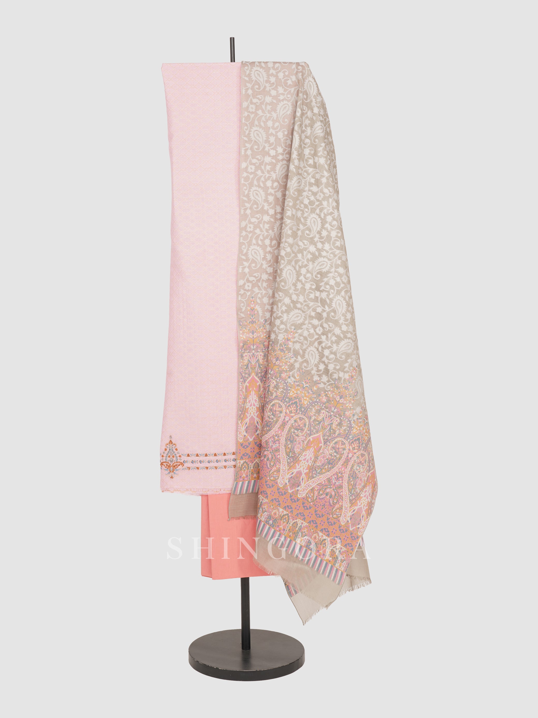 Kashika: Scarlet Red Jacquard Metallic Embroidered Unstitched Suit & Dupatta